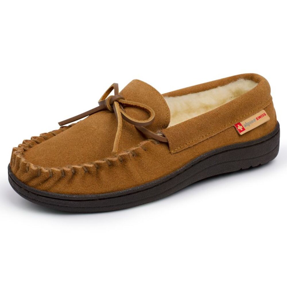 Alpine Swiss Sabine Womens Suede Shearling Moccasin Slippers House Shoes Slip On
